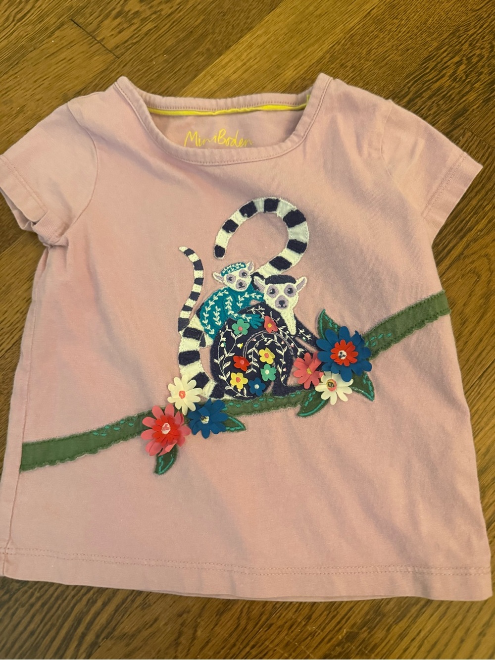Mini Boden Pink Short-Sleeve Tee with Lemur and Floral Appliqués